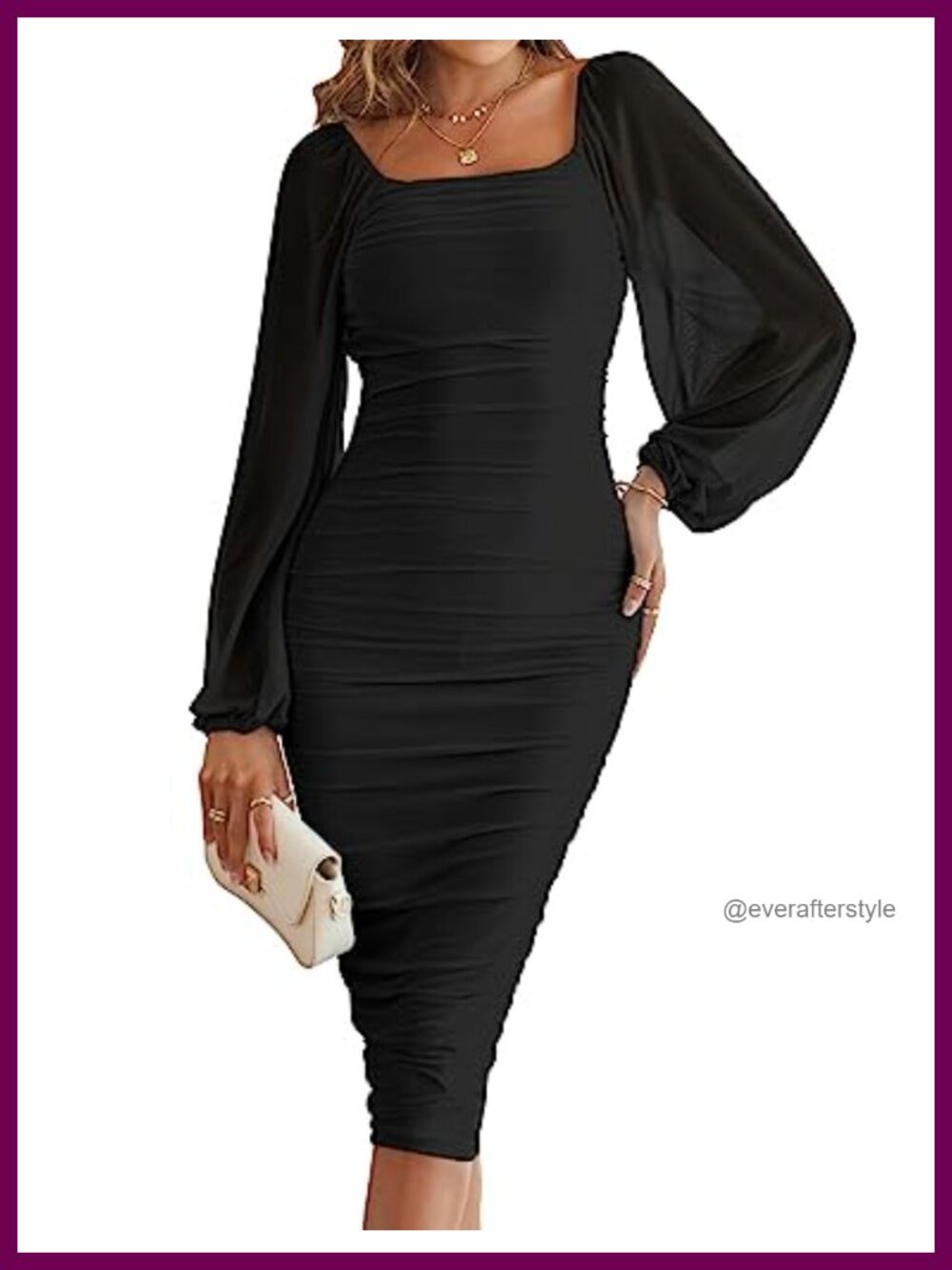 Women's Midi Bodycon Dress Mesh Lantern Sleeve Ruched Formal Party